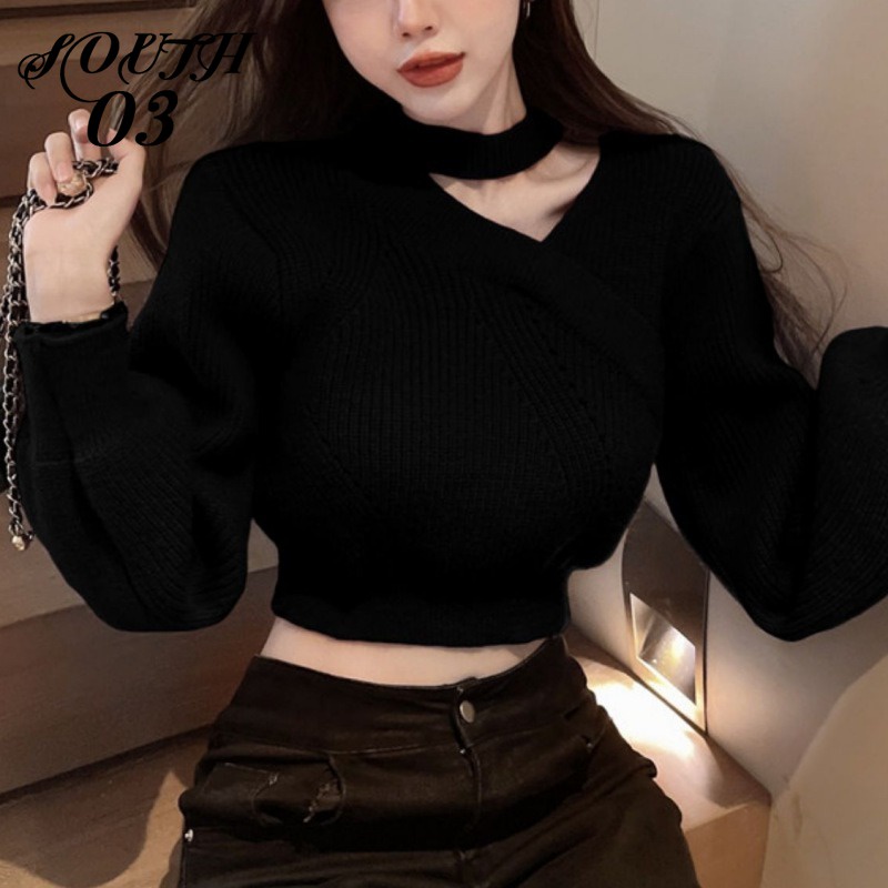 Áo sweater Cổ Treo Dáng Ngắn Thời Trang Thu Đông Cho Nữ Áo Croptop Áo Len
