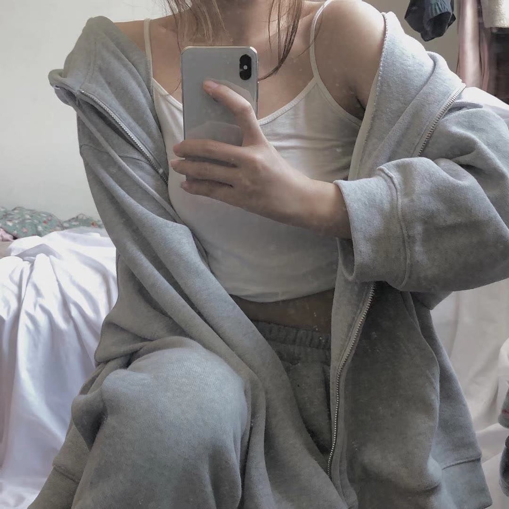 Áo Khoác cardigan Dáng Rộng Màu Đen / Xám Có Khóa Kéo Thời Trang Thu Đông Phong Cách Hàn Quốc Cho Cặp Đôi