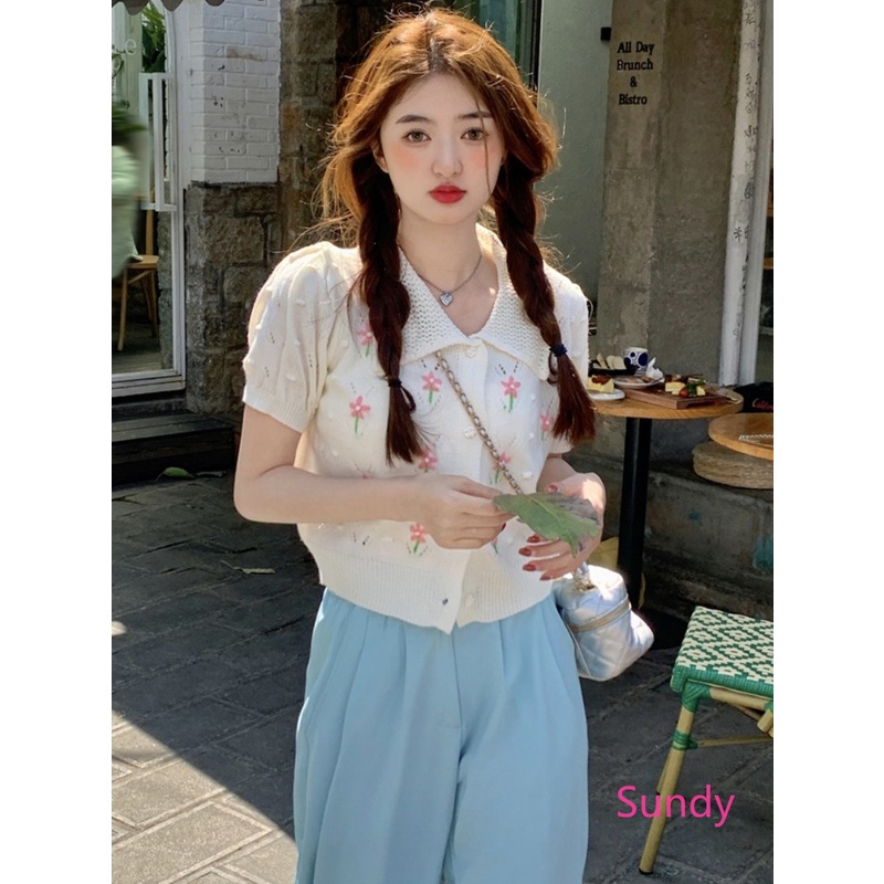 Plus Áo cardigan Dệt Kim Tay Ngắn In Hoa Xinh Xắn Thời Trang Mùa Hè Cho Nữ