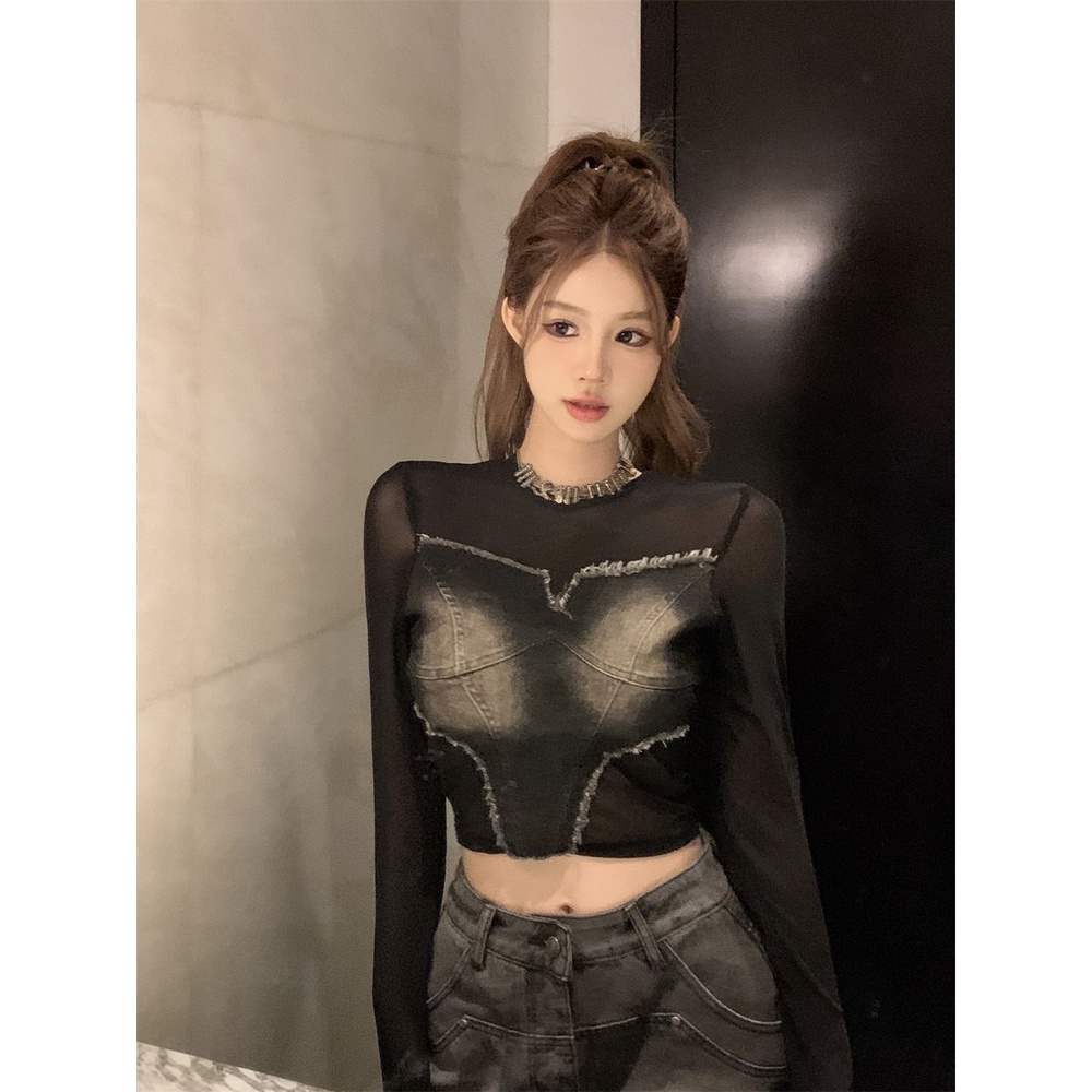 Áo Thun Tay Dài Phối Vải Len Hai Mảnh Thời Trang Mùa Thu Cho Nữ