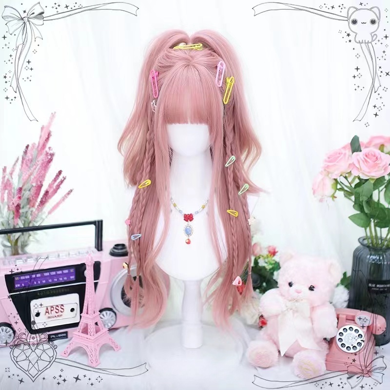 Bộ Tóc Giả Dài Xoăn Màu Hồng Nhạt Kèm Mái Bằng Sợi Tổng Hợp Phong Cách lolita Dành Cho Nam Nữ