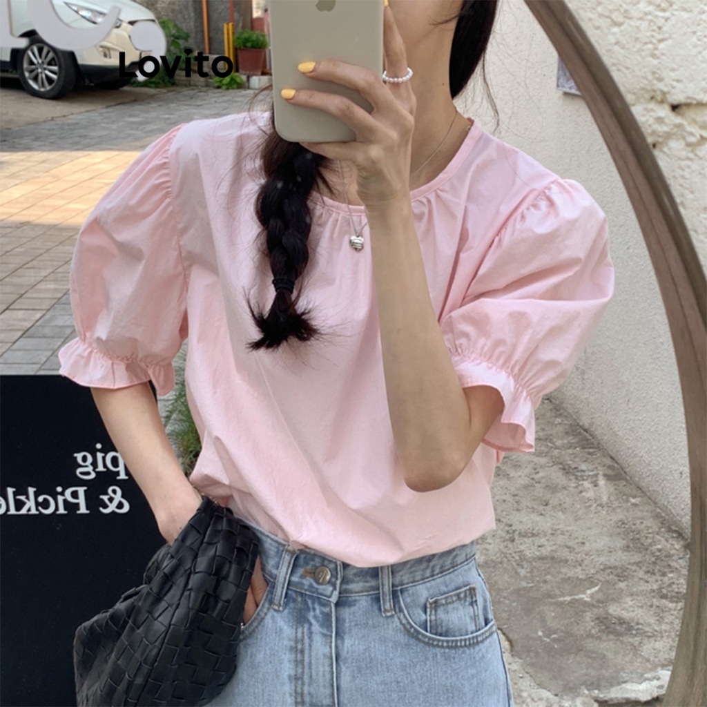Áo kiểu Lovito tay phồng buộc dây sau lưng màu trơn thanh lịch cho nữ LNE20115 (Màu hồng)