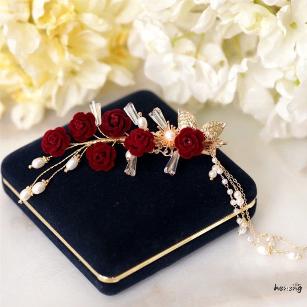 Kẹp Tóc Tua Rua Đính Hoa Hồng handmade Đính Hạt Ngọc Trai Cho Bé Gái