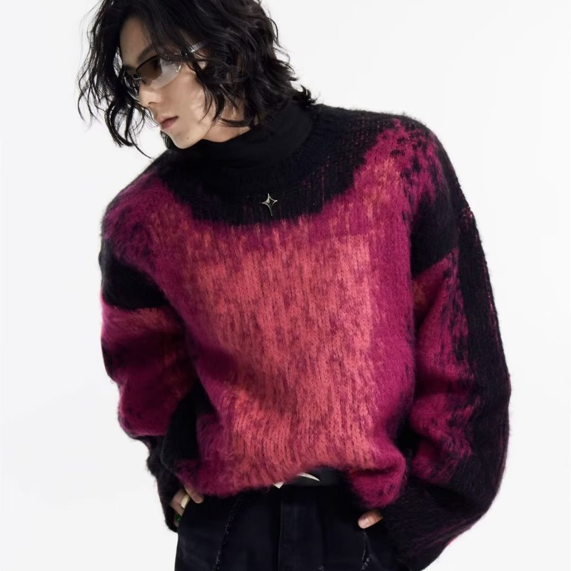 Áo Sweater Dệt Kim Nhuộm Màu Cổ Tròn Dáng Rộng Phong Cách Đường Phố Mỹ Cho Nam Giới