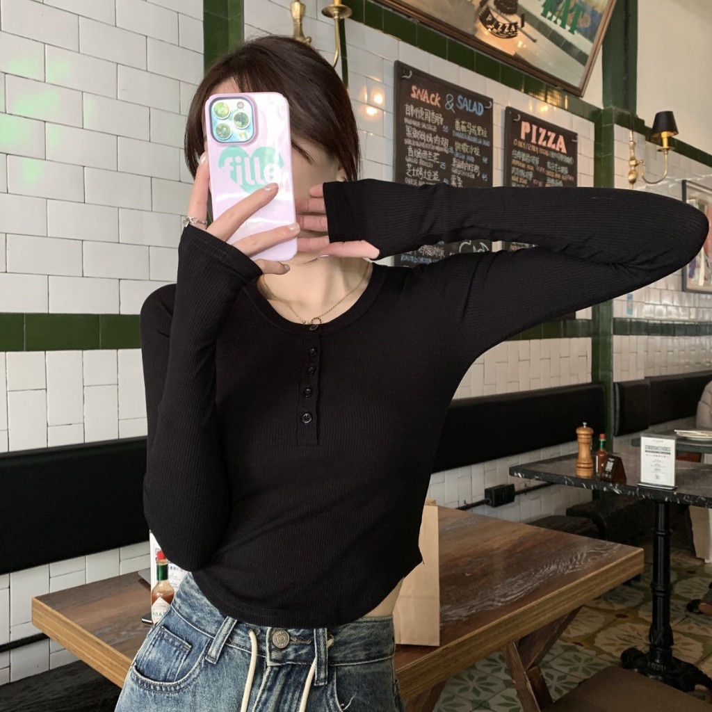 Áo kiểu vạt bầu ,Áo thun body nữ dài tay len tăm cổ tròn bo eo phối cúc túi ngực đuôi tôm