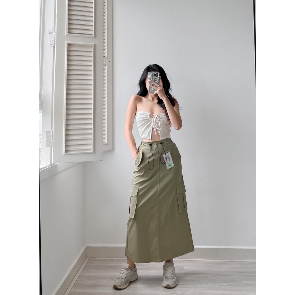 AIORI - Váy Dài Nữ KaKi Túi Hộp Lưng Thun Co Giãn Có Dây Siết Eo Mã V010
