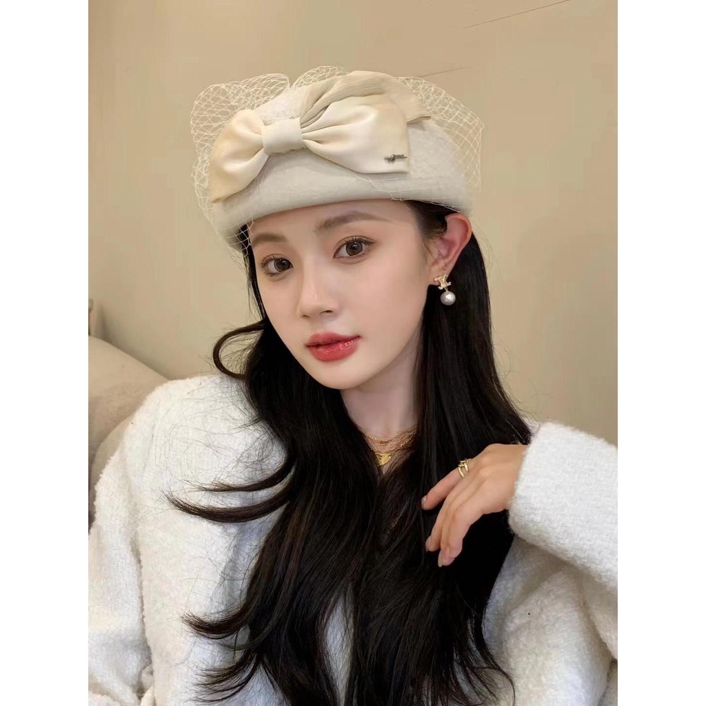 Mũ beret Phối Lưới Nơ Phong Cách Hàn Quốc Thời Trang Thu Đông Cho Nữ