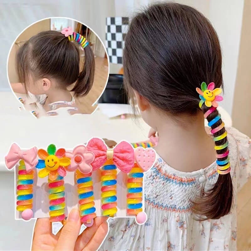 Chun cột tóc dạng lò xo xoắn tạo kiểu màu cầu vồng có đính hoa, Dây buộc tóc đính Nơ dễ  thương cho bé