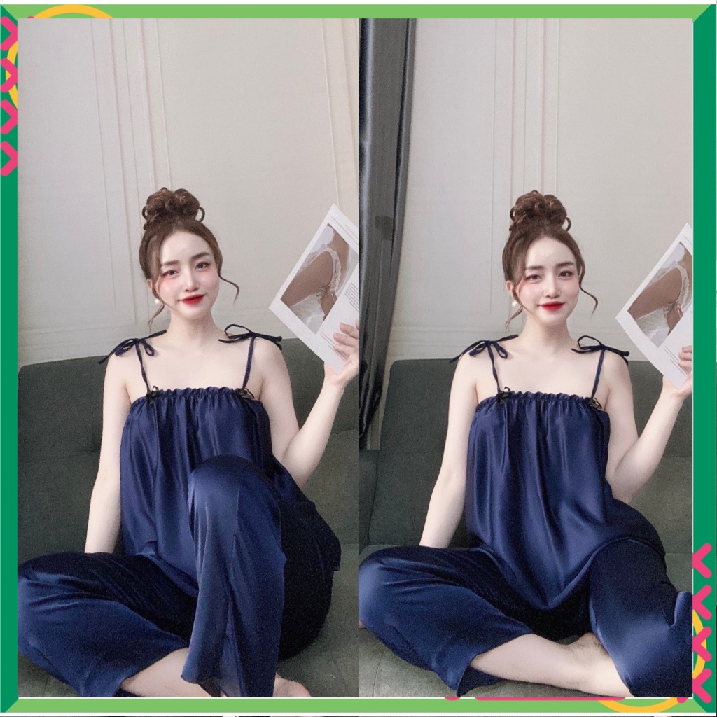 Đồ bộ ngủ nữ 2 dây quần dài, đồ bộ nữ đồ mặc nhà vải satin freesize 54kg - CN09