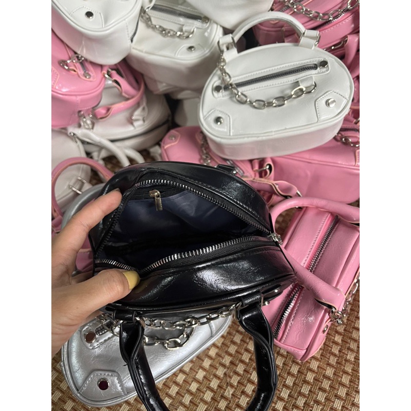 Túi xách nữ đeo chéo 2 quai bầu tròn phối xích bạc da nhăn mềm mại thời trang Eva Bag