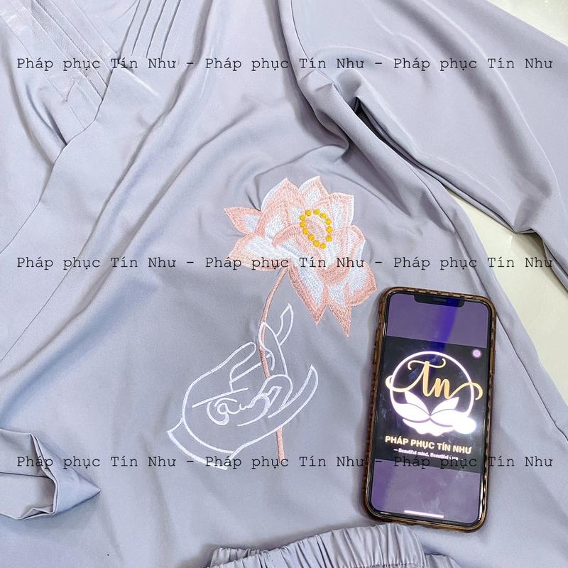 SET PHÁP PHỤC ĐI CHÙA THÊU SEN TAY PHẬT VẠT CHÉO  PHỐI DÂY CAO CẤP TÍN NHƯ