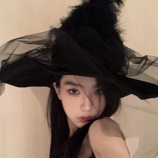 Mũ Phù Thủy Hóa Trang halloween Đính Lông Vũ