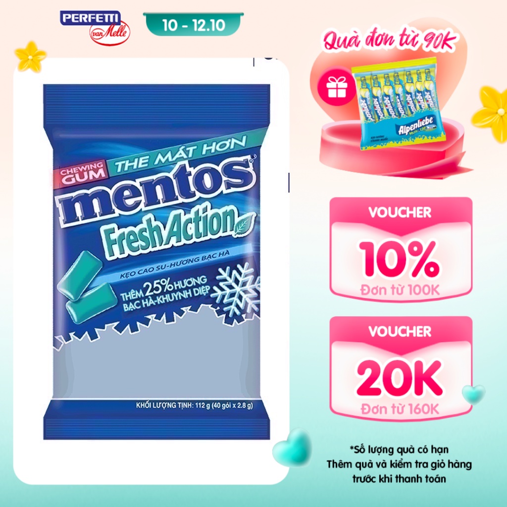 Sing gum Mentos Fresh Action hương bạc hà mạnh (Gói 40 viên)