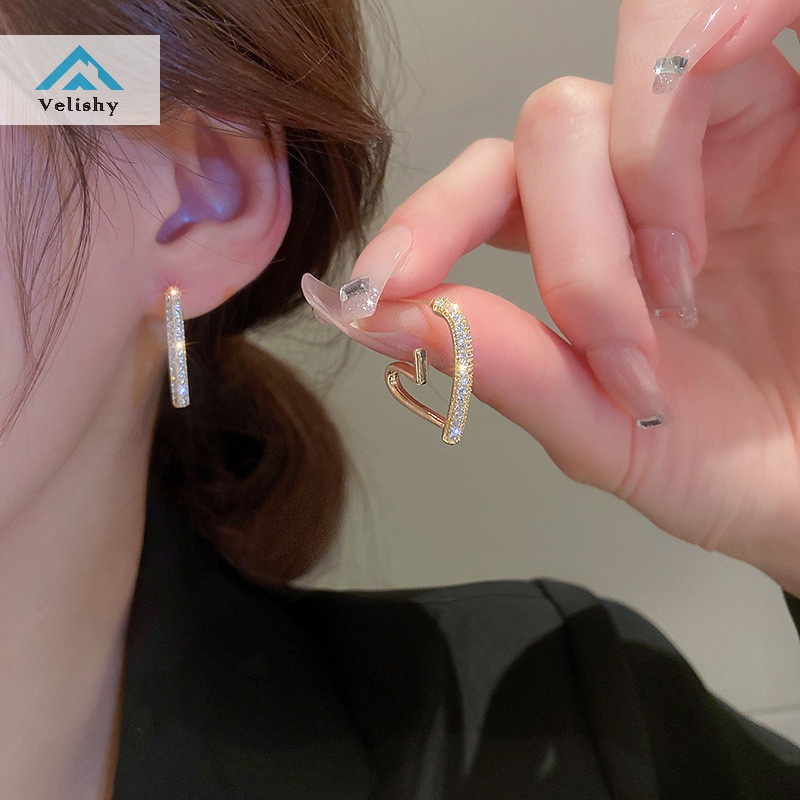 Velishy Khuyên Tai Hình Trái Tim Đính Đá Màu Trắng / Xanh Dương / Tím Thời Trang Dự Tiệc Cho Nữ