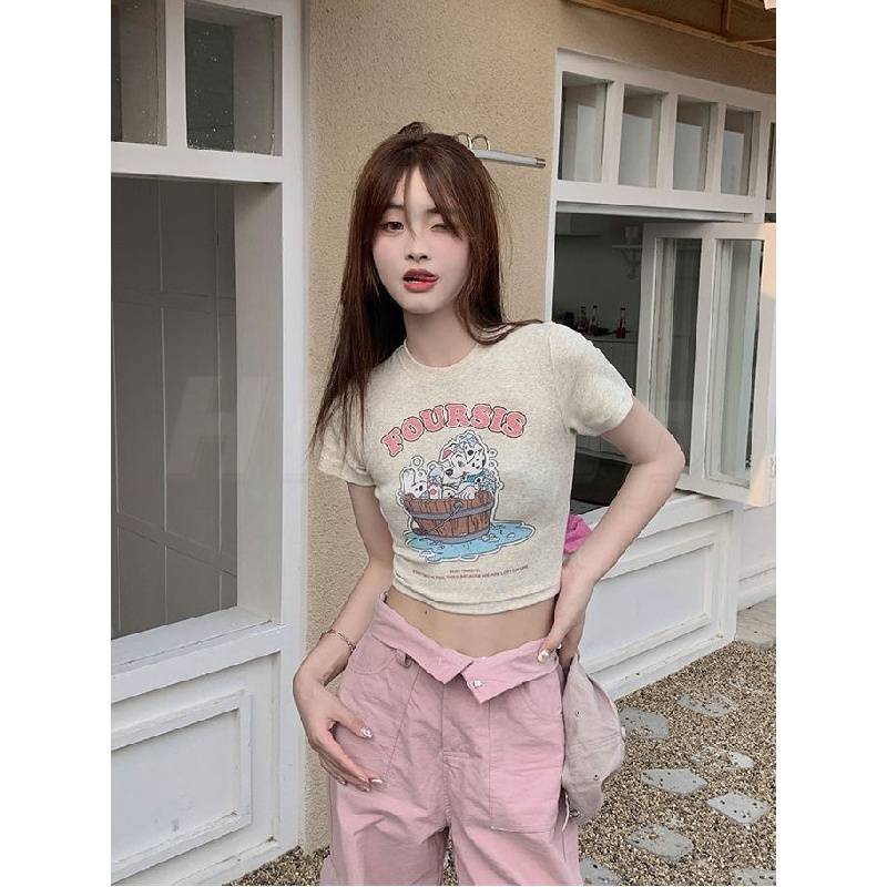 Áo baby tee  Áo Thun Tay Ngắn Hở Vai Ôm Dáng Phong Cách hong kong Thời Trang Cho Nữ