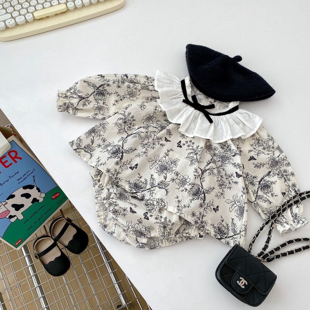 Áo sơ mi dài tay trẻ em gái với quần sịp, bộ nơ ren thời trang