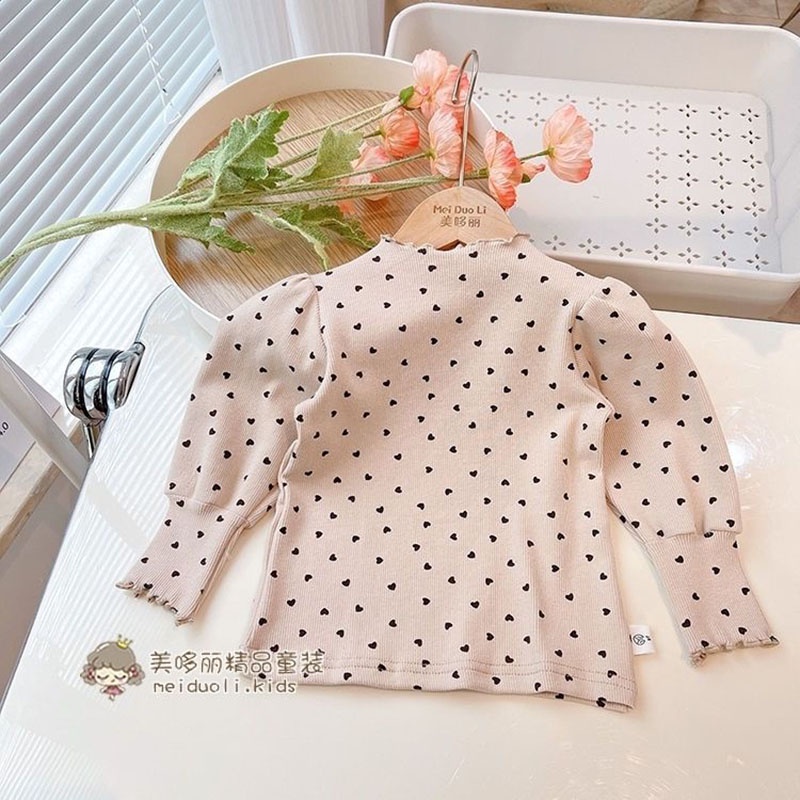 Áo Thun cotton Tay Phồng Dài Cổ Cao In Họa Tiết Trái Tim Thời Trang Xuân Thu Cho Bé Gái 3-7 Tuổi