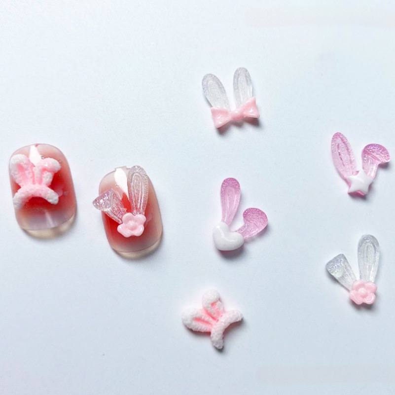 Set 15 Charm Hoạt Hình Tai Thỏ Hồng Pha Lê Phát Sáng Siêu Đáng Yêu Trang Trí Móng