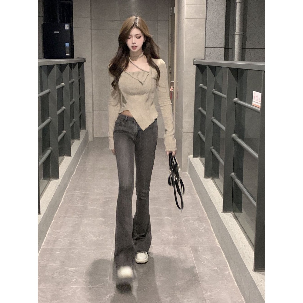 Áo Thun Tay Dài Cổ Vuông Giả Hai Lớp Dáng Ôm Thời Trang Thu Đông Cho Nữ