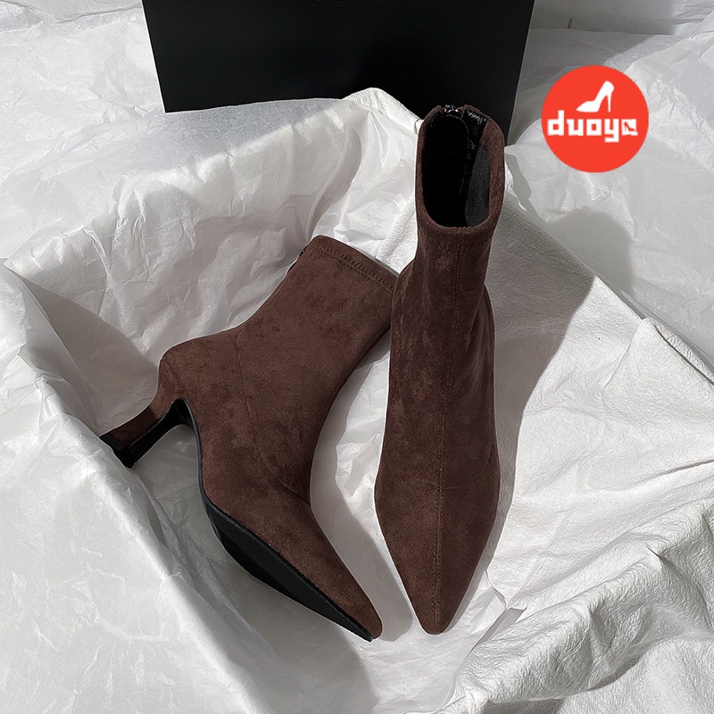 Duooya Giày Bốt Cao Gót Da Lộn Mỏng Co Giãn Mũi Nhọn Màu Nâu Thời Trang Thu Đông Cho Nữ