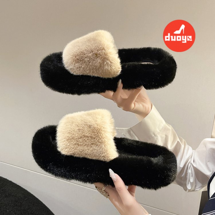 Duooya Dép Cao Su pu Phối Lông Nhân Tạo Màu Xanh Lá