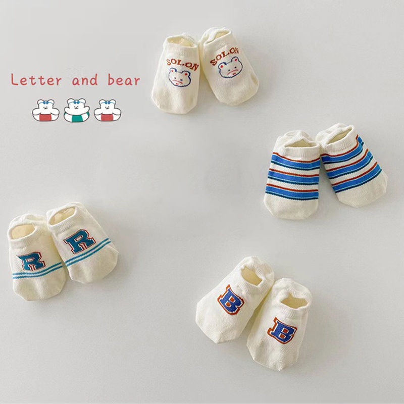 Set 4 Đôi Vớ cotton Mềm Co Giãn Thoáng Khí In Hình Gấu Hoạt Hình Dành Cho Trẻ Em 1-5 Tuổi