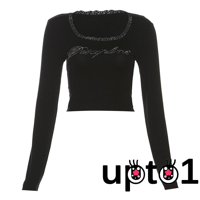Áo Croptop Tay Dài Viền Ren In Chữ Thời Trang Cho Nữ