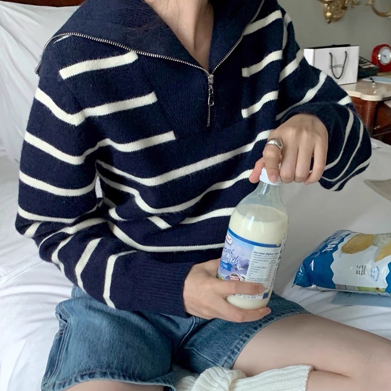 Áo sweater Dệt Kim Tay Dài Dáng Rộng Kẻ Sọc Màu Tương Phản Dễ Thương 6836