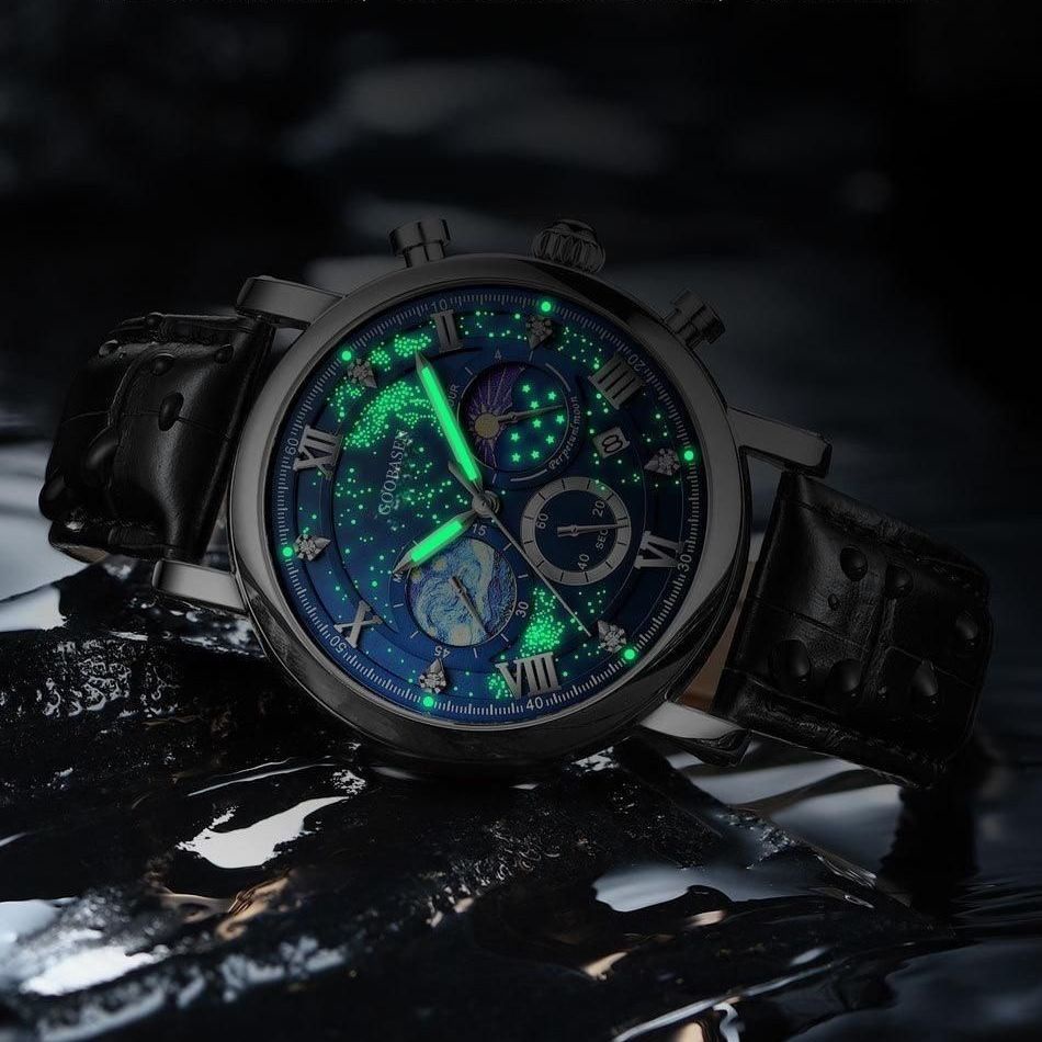 Đồng Hồ Đeo Tay Ba Mắt Chống Nước Phát Sáng Không Cơ Mặt Trời Mặt Trăng Phong Cách Mới Cao Cấp Thời Trang Cho Nam