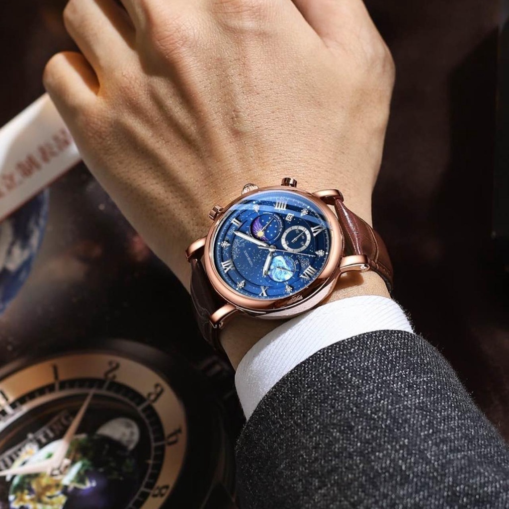 Đồng Hồ Đeo Tay Ba Mắt Chống Nước Phát Sáng Không Cơ Mặt Trời Mặt Trăng Phong Cách Mới Cao Cấp Thời Trang Cho Nam