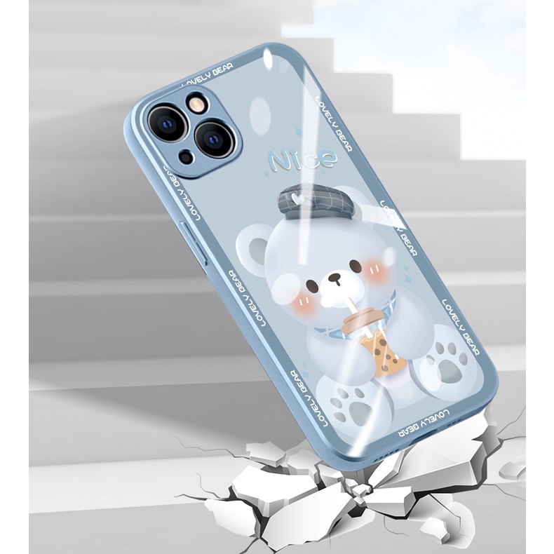 Dễ Thương Ốp Điện Thoại Mặt Kính Hình Gấu Uống Trà Sữa Cho iphone 15promax 14 13pro xr 12 11promax 7 8plus xsmax