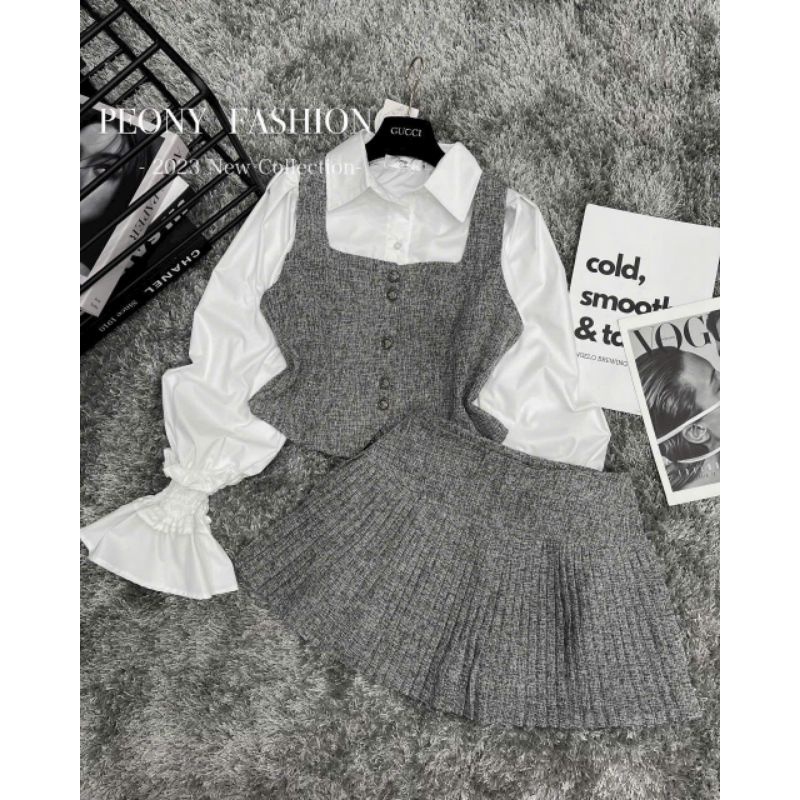 Set áo sơmi trắng tay loe mix gile kèm chân váy dạ phẩy trẻ trung nữ tính