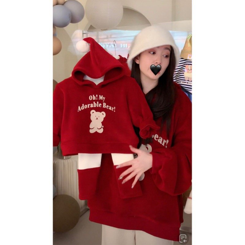Áo hoodie Giáng Sinh Cho Gia Đình Ba Mẹ Và Bé Hình Gấu Con