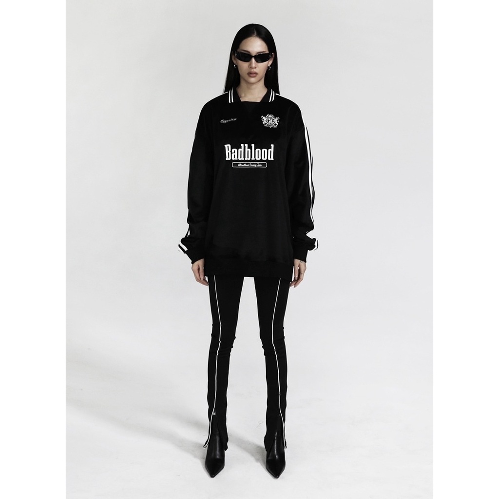 Áo Sweater Thể Thao Tròng Đầu Dáng Rộng Màu Trơn Thêu Chữ badblood Đường Phố Hàn Quốc Kẻ Sọc Màu Trơn Kiểu Mỹ