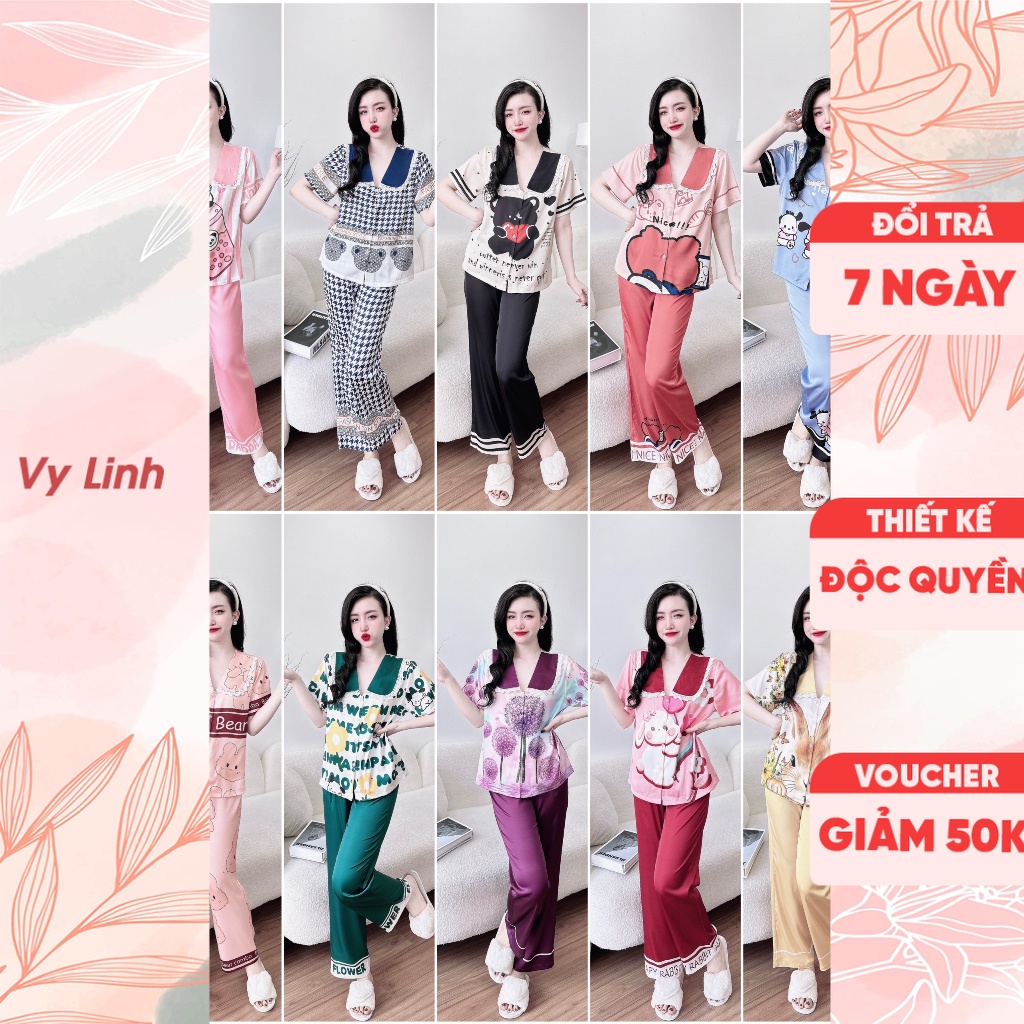 Bộ đồ ngủ quần dài Vy Linh kết hợp cổ sen phối ren chất liệu lụa latin thoáng mát, thấm hút mồ hôi, không xù S1057