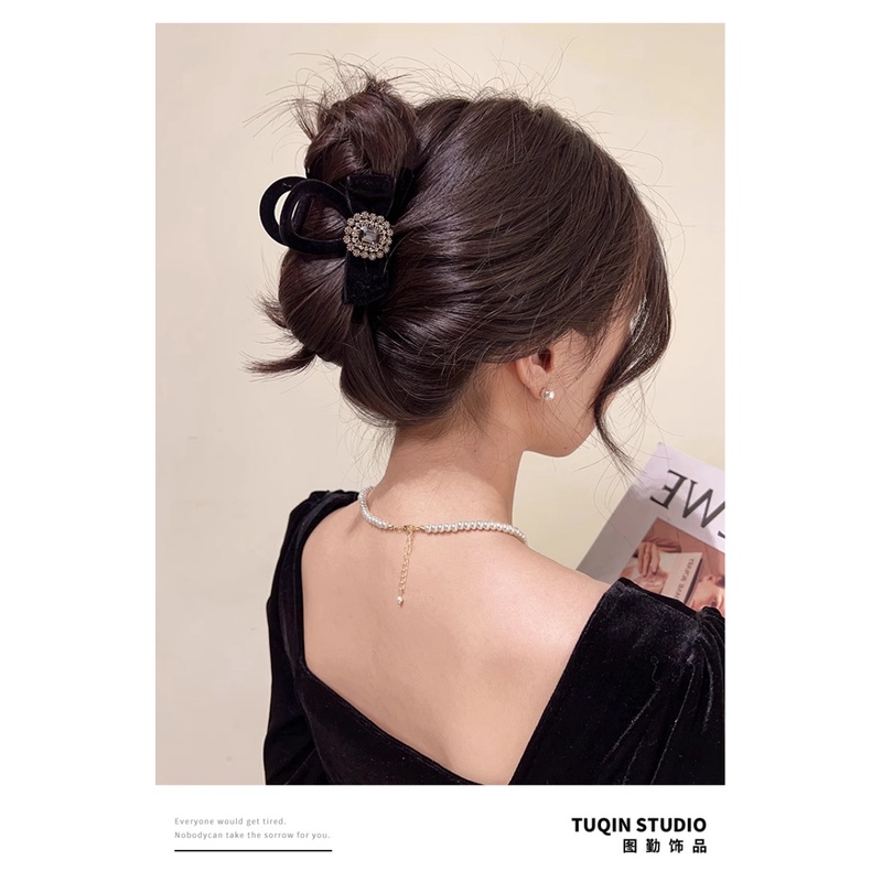 Kẹp Tóc Nơ Nhung Đính Đá Thời Trang Thu Đông