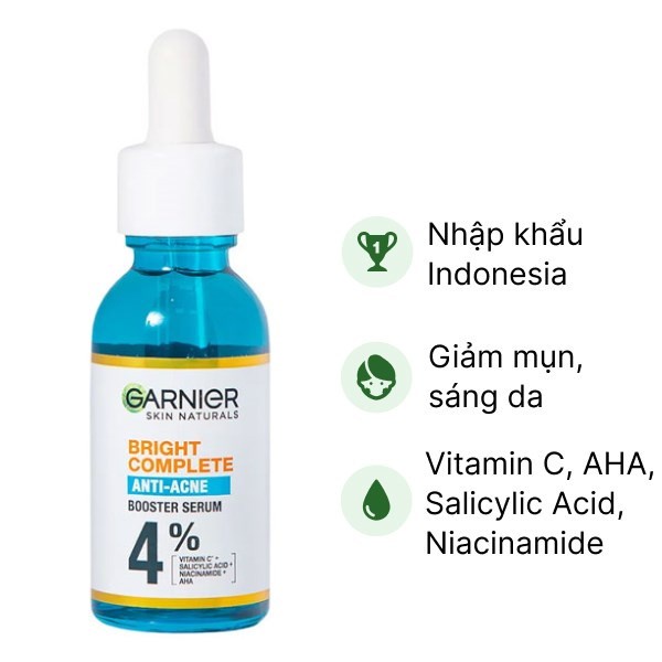Tinh Chất Serum Garnier 30ml Bright Complete Anti-Acnes Booster Serum Giảm Mụn Mờ Thâm Cho Da Dầu, Mụn 30ml