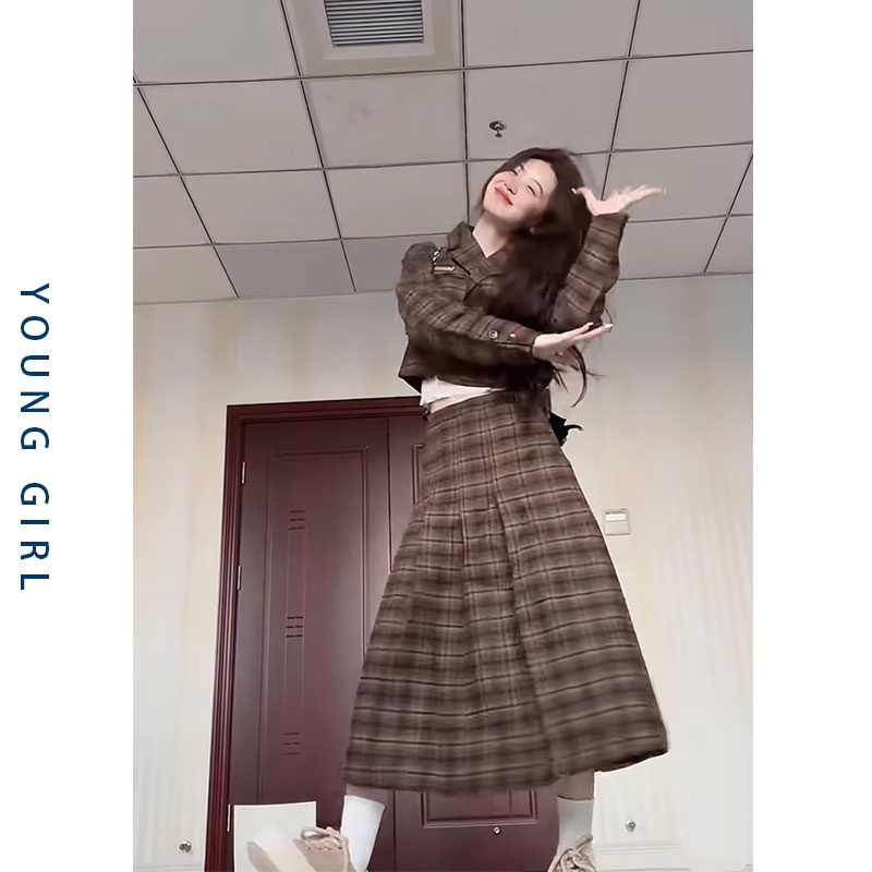 Bộ Áo Khoác Vest + Chân Váy Xếp Ly Sọc Ca Rô Thời Trang retro Thanh Lịch Cho Nữ