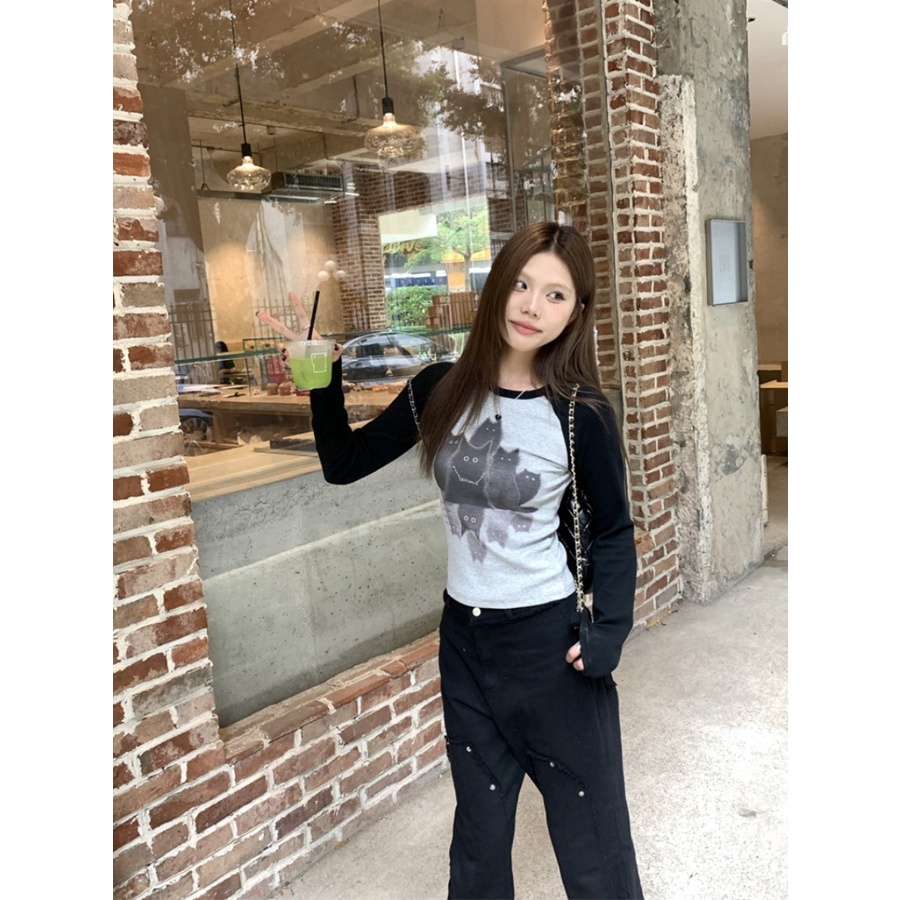 Áo Thun Tay Dài Dáng Ôm In Hình Mèo raglan Màu Sắc Tương Phản Thời Trang Mùa Thu Cho Nữ