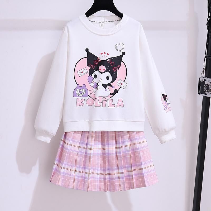 Set Đồ 2 Món Gồm Áo Thun + Chân Váy Xếp Ly Bằng Vải cotton In Họa Tiết Hoạt Hình kuromi Dễ Thương Thời Trang Xuân Hè Cho Bé Gái 3