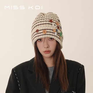 Misskoi  Mũ Len Dệt Kim Kẻ Sọc Đính Nút Lớn Dễ Thương Ấm Áp Hợp Thời Trang Dễ Phối Đồ