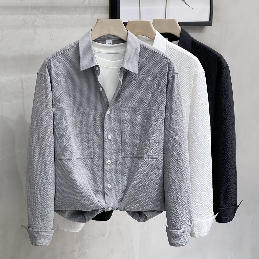 Áo Khoác Sơ Mi Tay Dài Màu Trơn Đơn Giản Phong Cách Hàn Quốc Thời Trang Công Sở Cho Nam