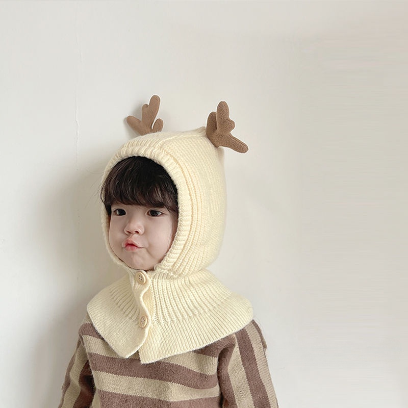 Mũ Len Trùm Đầu Kèm Khăn Choàng Cổ Đính Nút Thời Trang Thu Đông Hàn Quốc Cho Bé Trai Và Bé Gái