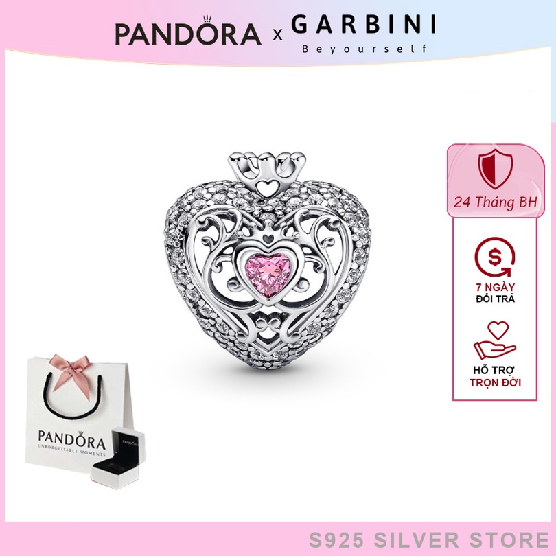 Charm bạc trái tim đá hồng Regal Crown & Heart Dangle Charm 1203 - Bạc S925 tình yêu