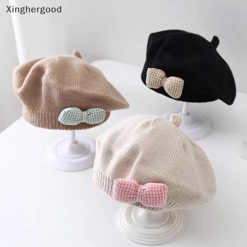 Xinghergood Mũ Nồi Dệt Kim Màu Trơn Đính Nơ Thời Trang Thu Đông Ấm Áp Cho Bé Gái