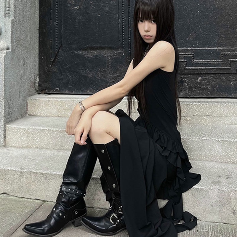 Lavia Carolio Giày Bốt Đen Gót Dày Mũi Nhọn Phong Cách punk Cá Tính Cho Nữ