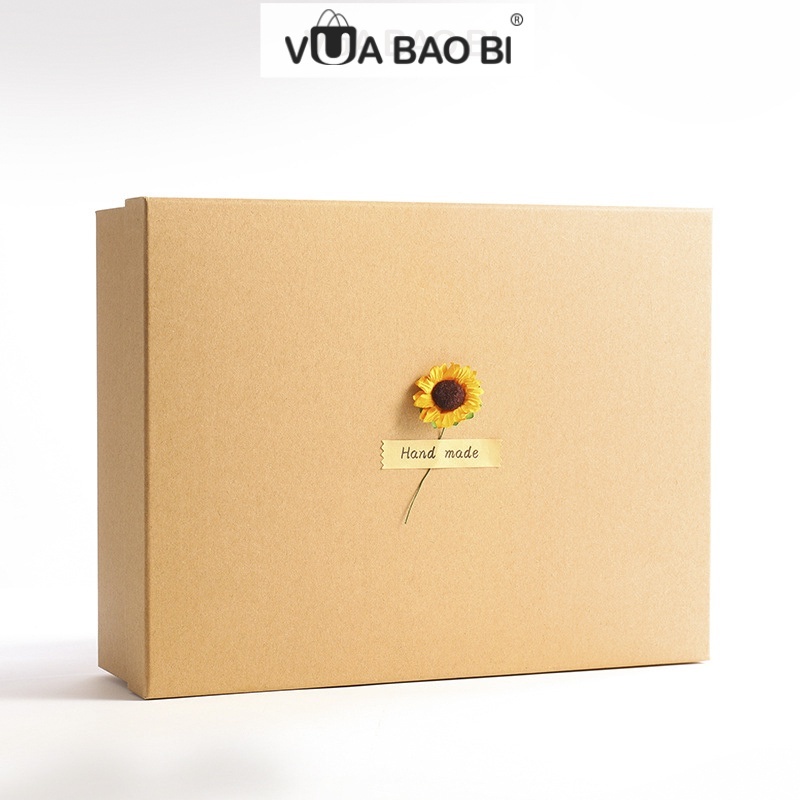Hộp giấy bìa cứng đựng set quà kèm rơm lót cứng cáp gắn hoa hướng dương vintage H22 Hộp kraft nắp đóng form chữ nhật dày
