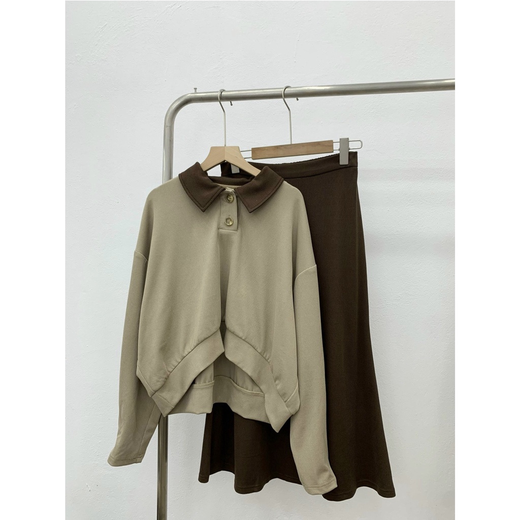 Set áo cổ polo phối màu viền lượn kèm chân váy dài xoè nhẹ S622 SUSSTORE