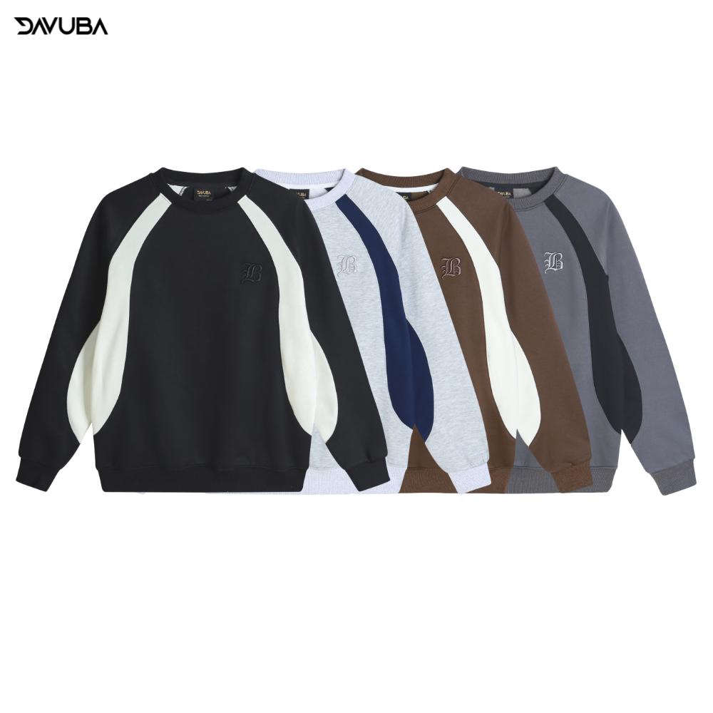 Áo sweater nỉ bông DAVUBA phối màu cổ tròn tay dài SM047