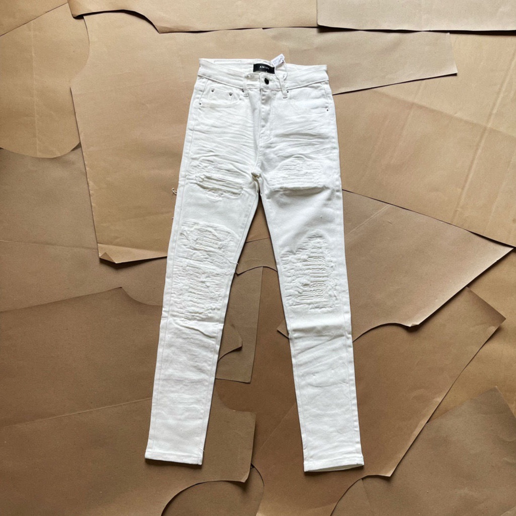 Amiri High Street White Base Ripped Skinny Stretch Jeans Amiri Leather Jeans